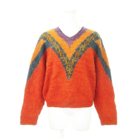 マノスデルウルグアイ MANOS DEL URUGUAY ウルグアイ製 90s ヴィンテージ ハンドメイド ニット セーター Vネック 長袖 ウール 総柄 オレンジ |AH27