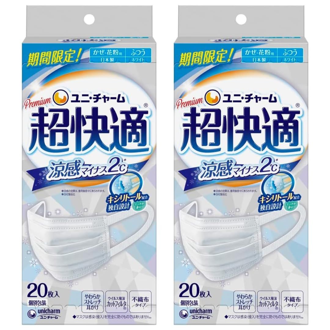 【まとめ買い】2個 セット 超快適マスク 涼感マイナス2 風邪・花粉用 プリーツタイプ 不織布マスク 日本製 ふつうサイズ 20枚入 [2]