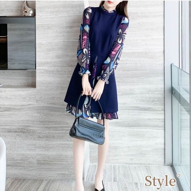 上品 きれいめ 異素材 切り替え ワンピース パーティードレス パーティドレス 結婚式ドレス 結婚式のドレス ミニ ミニ丈 袖あり ボリューム袖 スタンドカラー Aライン 切り替えデザイン ドッキング フレア シフォン フリル ウエストマーク 透け感 シースルー 異素材MIX 上品 きれいめ 異素材 切り替え ワンピース パーティードレス パーティ