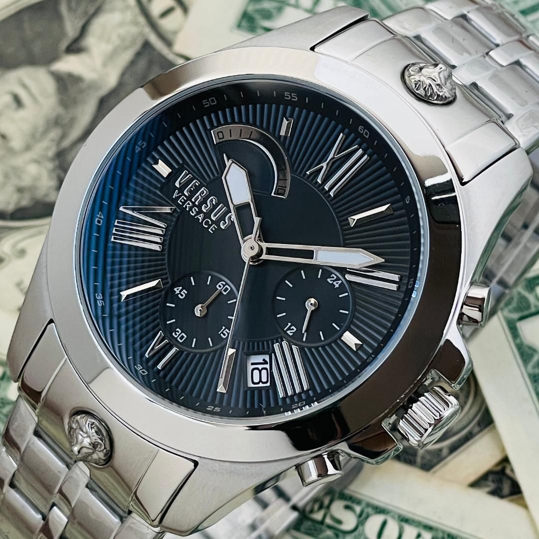 シルバー濃紺 新品ヴェルサス・ヴェルサーチ高級メンズ腕時計クロノ