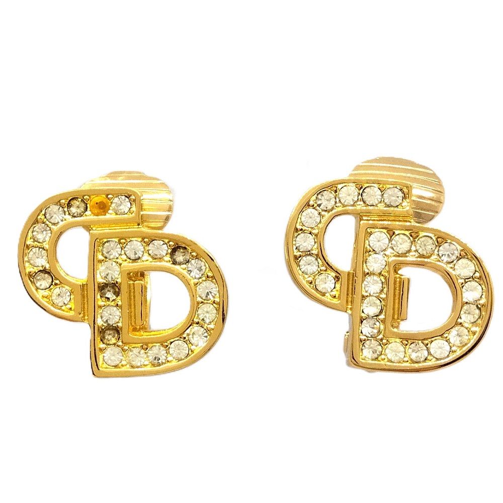 クリスチャンディオール Christian Dior イヤリング ゴールド CDロゴ ラインストーン クリップ式 石取れ GP