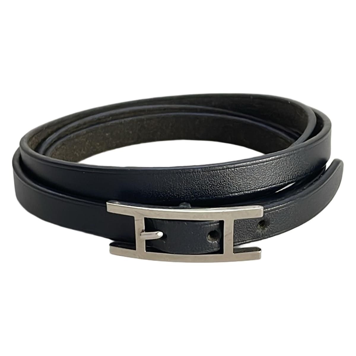 HERMES エルメス ブレスレット アピ3 レザー 黒×シルバー
