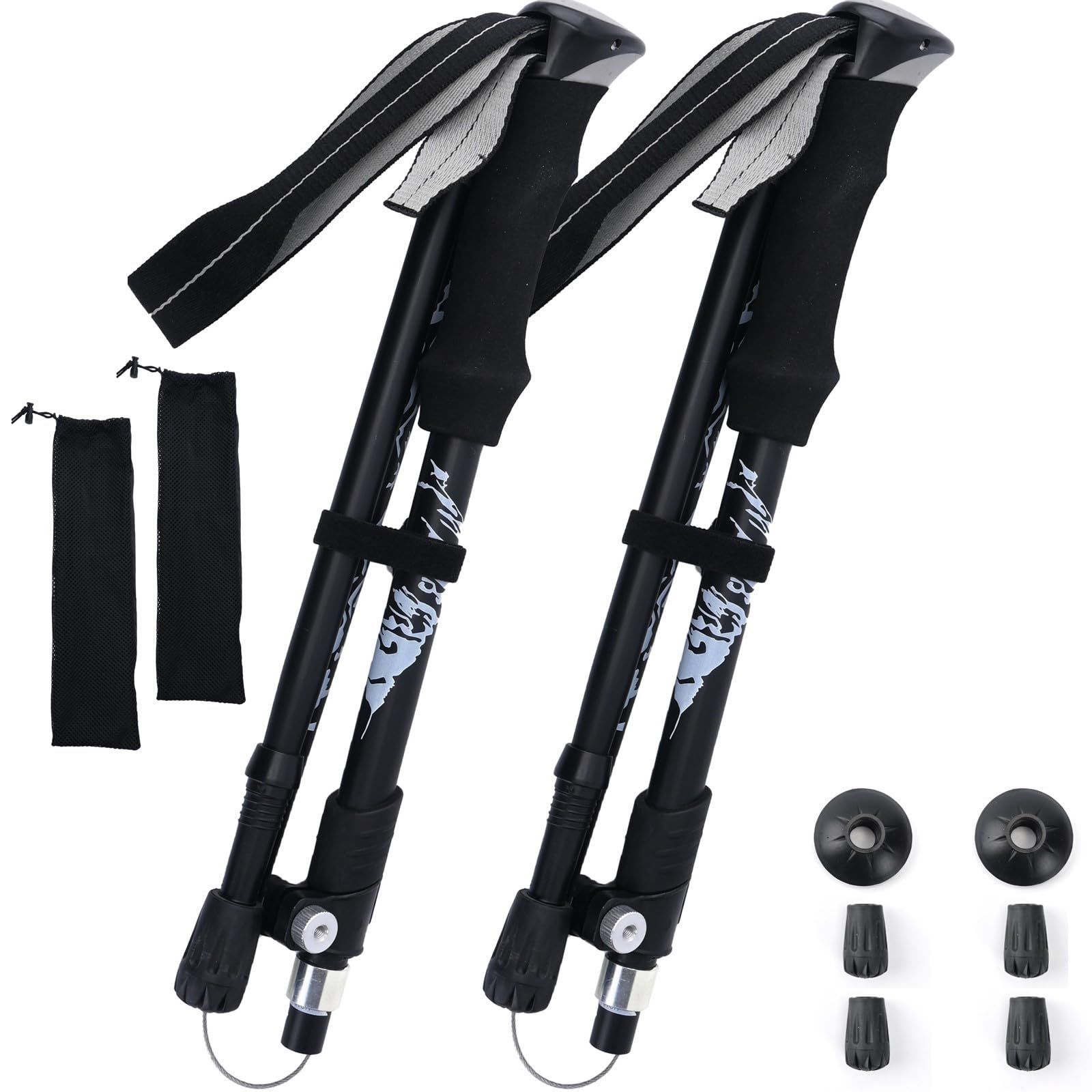 ISEFUJI トレッキングポール 登山 杖 折りたたみ 軽量アルミ製 2本セット アウトドア ウォーキング ステッキ ポール 山 ハイキング 収納バッグ付き (ブラック， 110.130) [ブラック] [110.13]