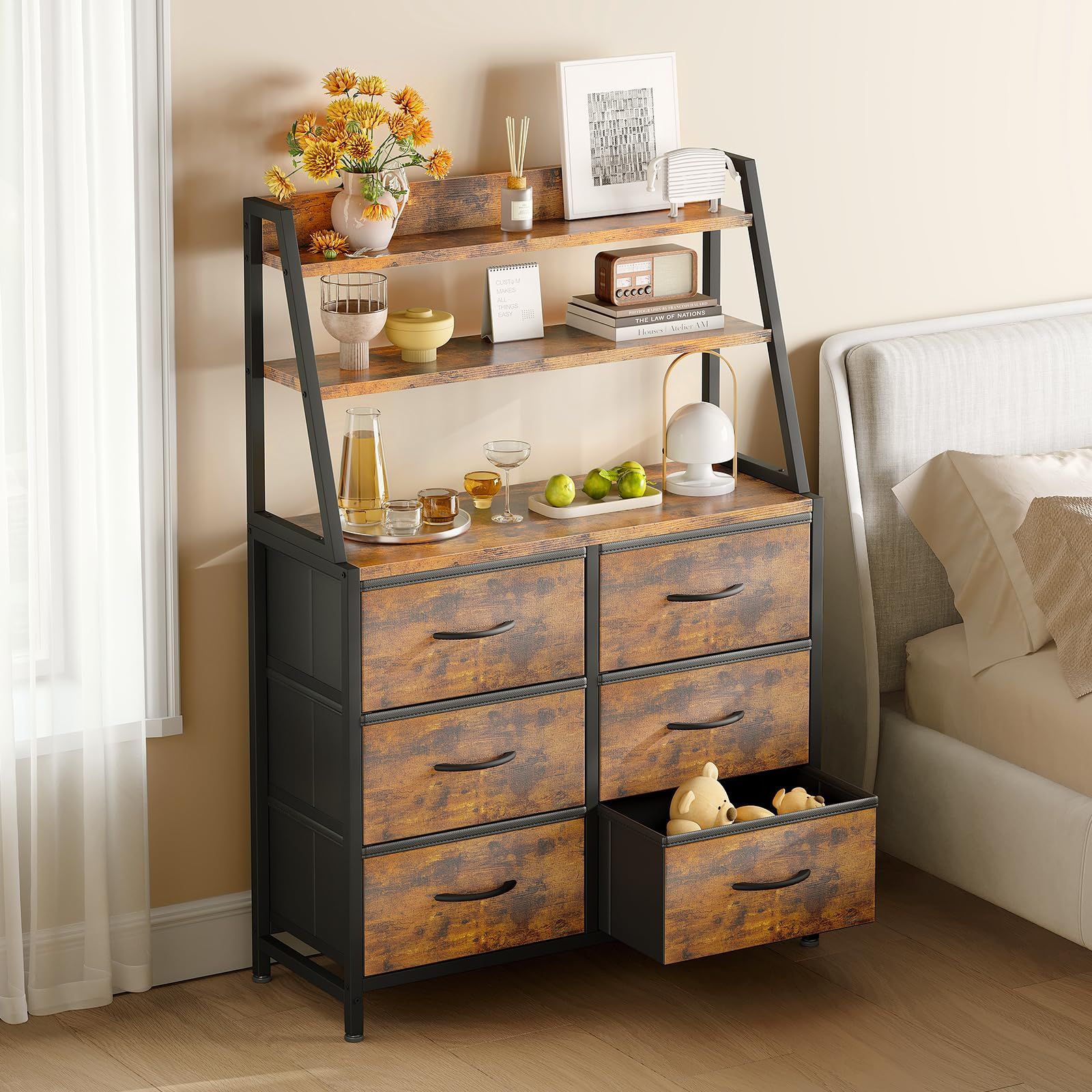 数量 AODK 棚 収納 ラック付きチェスト タンス 大容量 幅80×奥行き30×高さ122.1cm たんす 洋服タンス リビング収納 布製引き出し 衣装ケース 転倒防止 安定感 おしゃれ 6段6杯 ビンテージ