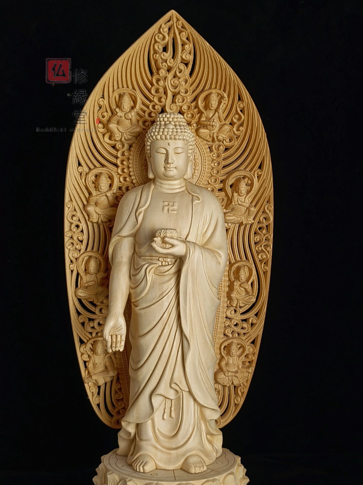 修縁堂】最高級 木彫仏像 阿弥陀三尊立像 彫刻 一刀彫 天然木檜材 仏教 