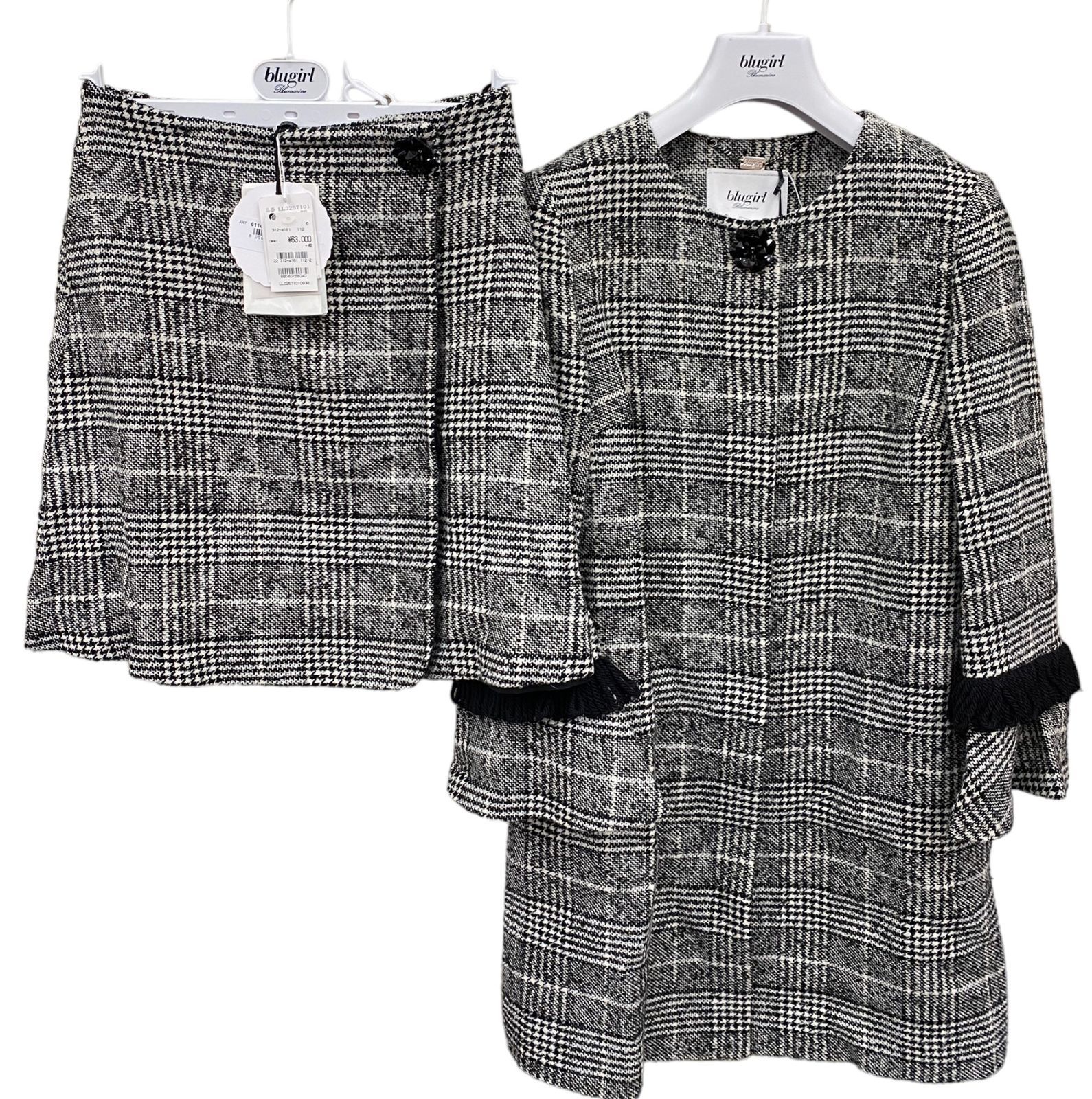 ☆EM1149 Blumarine ブルマリン ツイード柄セットアップ スーツ ジャケット スカート フォーマル コサージュ ブラック 38 ...