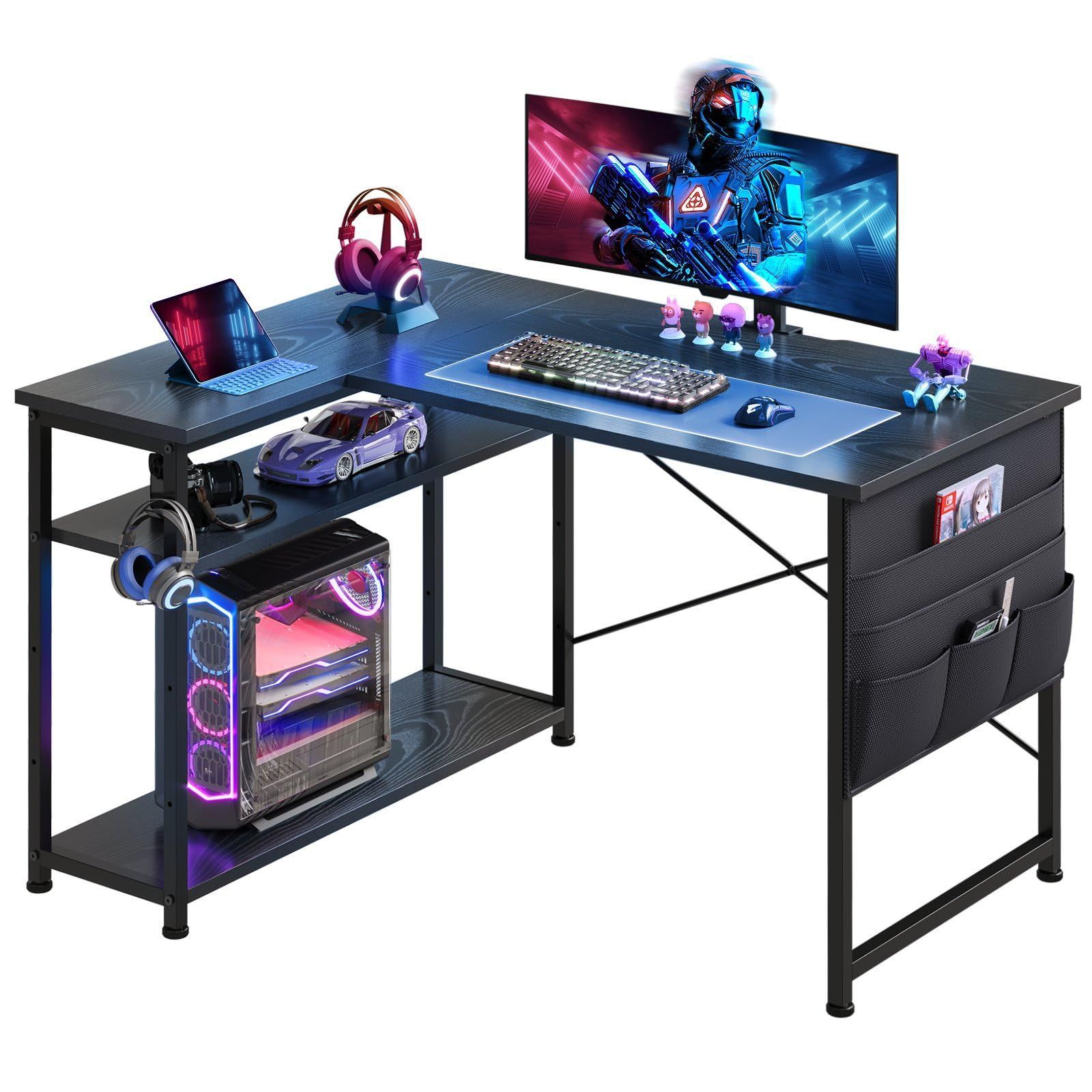 数量 パソコンデスク l字デスク 右棚左棚 pcデスク 幅99cm desk コーナーデスク 机 つくえ 棚板高さ調節 作業机 L字型 ゲーミングデスク 勉強机 在宅ワークデスク リモートワーク Maihail ゲームデスク ラック付き 黒い
