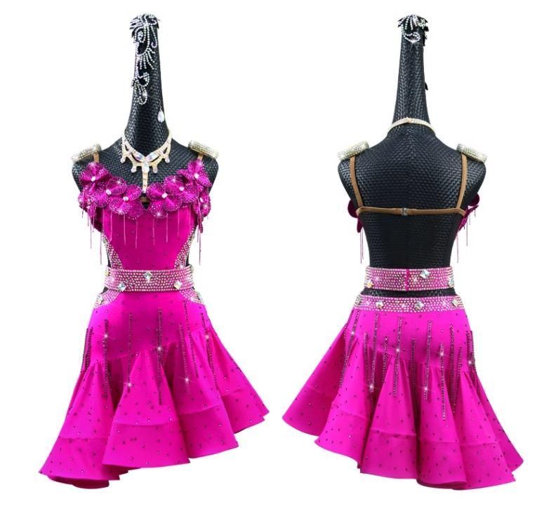 ラテンワンピースドレス 社交ダンス衣装 立体花 ローズ オーダーメイド