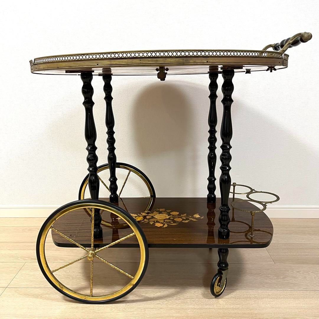 そ79 イタリア製 真鍮 薔薇リース象嵌細工 キャスタ一付き バタフライ キッチンワゴン 配膳ワゴン サービスワゴン ティーワゴン アンティーク