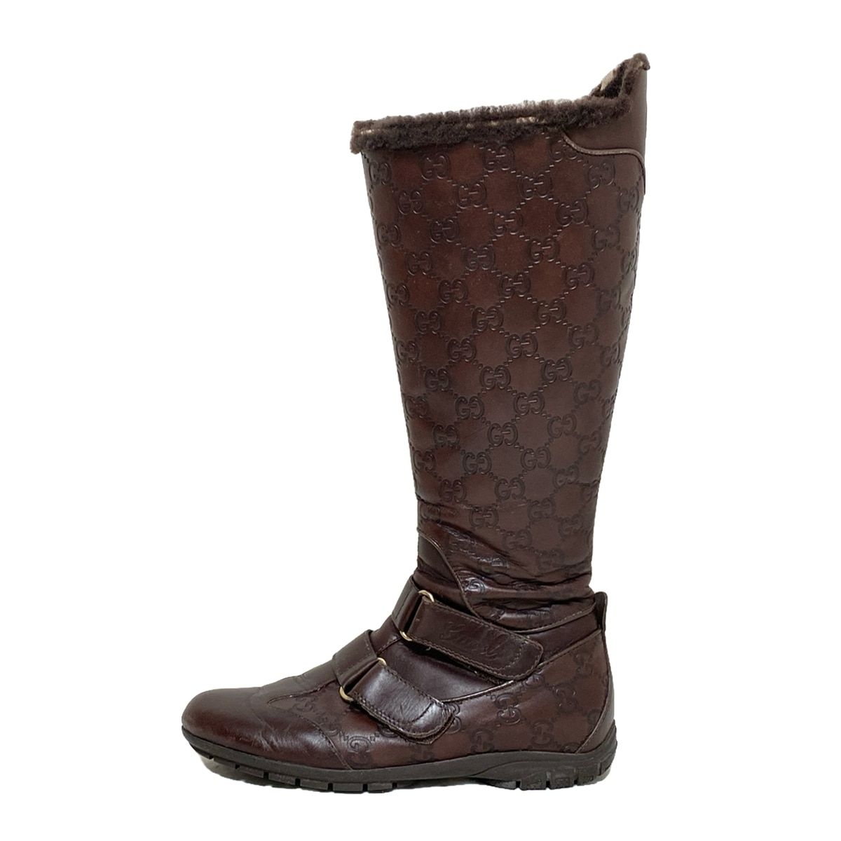 GUCCI グッチ ロングブーツ 35 レディース - 182332 ダークブラウン シマライン|インターロッキングG レザー ムートン