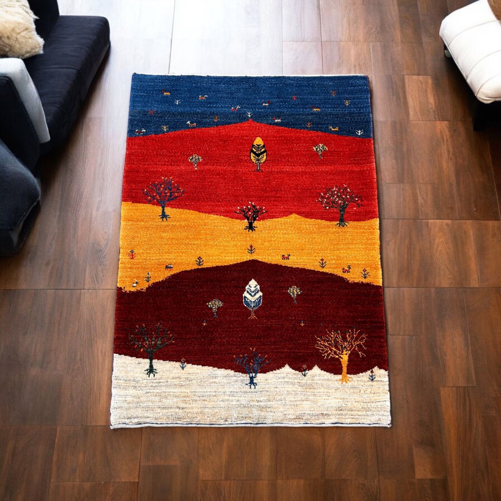 ギャッベ イラン産 手織りカーペット 117×84cm インテリアラグ 草木染め ロリバフ ルリバフ チェリーベアギャッベ チェリーベアギャッベ120×80