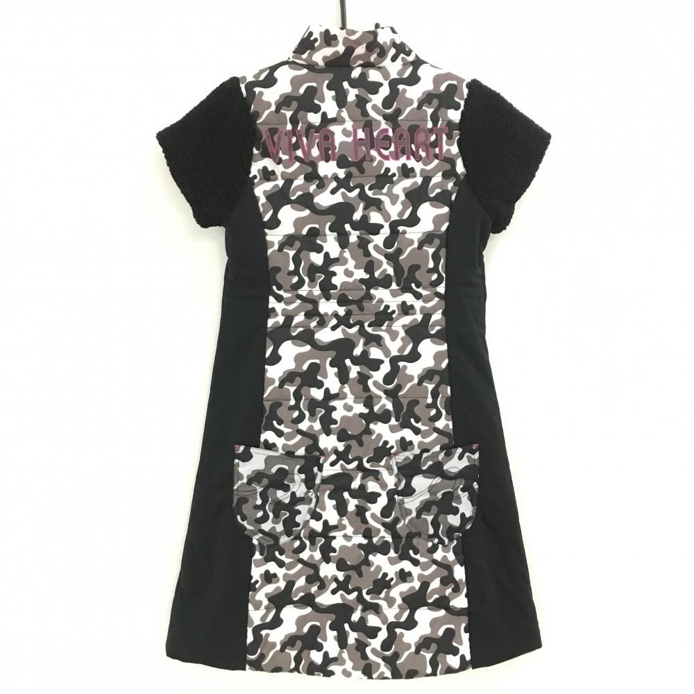 ビバハートreplie 中綿半袖ワンピース 黒×白 一部カモフラ 迷彩 袖ボア レディース 40 M ゴルフウェア VIVA HEART