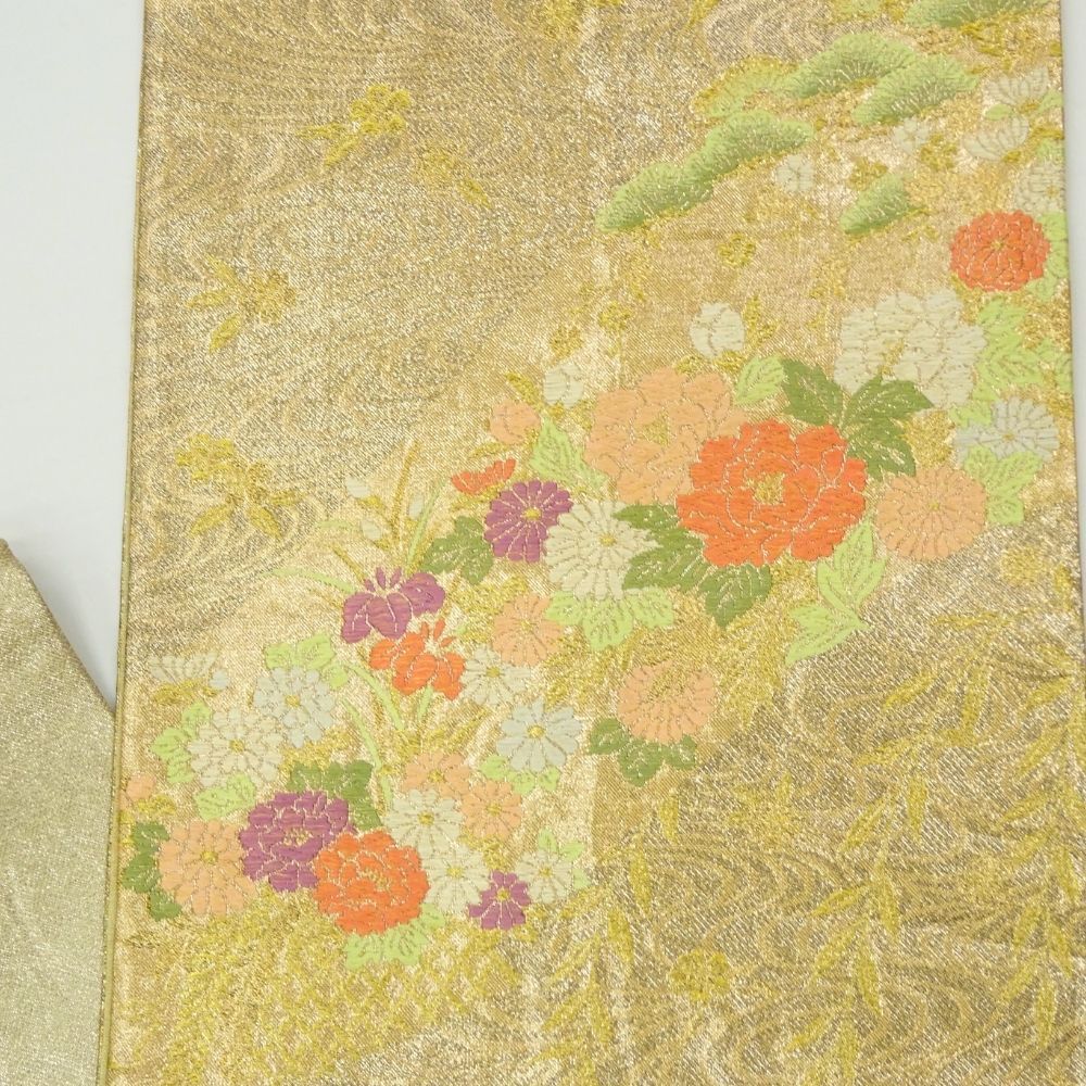 新品未使用 袋帯 西陣織 唐織 正絹 草花文様 ベージュ地 新品未使用 袋帯 西陣織 唐織 正絹 草花文様 ベージュ地 楽天