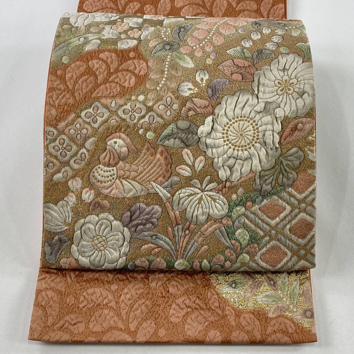 袋帯 秀品 辻が花柄 鳥 金糸 薄オレンジ お太鼓柄 正絹