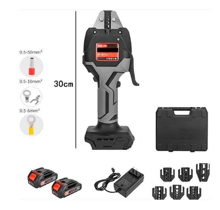 電動圧着機 ダイス６個付き 電動圧着ペンチ 裸端子 絶縁被覆端子 フェルール圧着工具 バッテリー2個付き