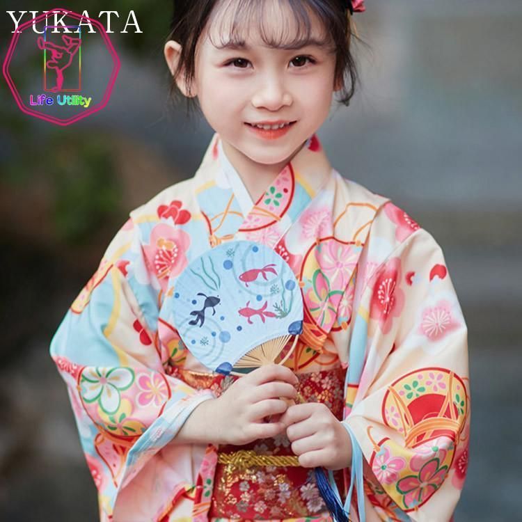 桜 ブルー 綿混紡 浴衣 子供 バースデイ ワンピース 女児 七五三 韓国子供服 90 100 110 120 130 140 150 160 長襦袢 可愛い 花柄 夏祭り 3/4/6/7点セット 単品