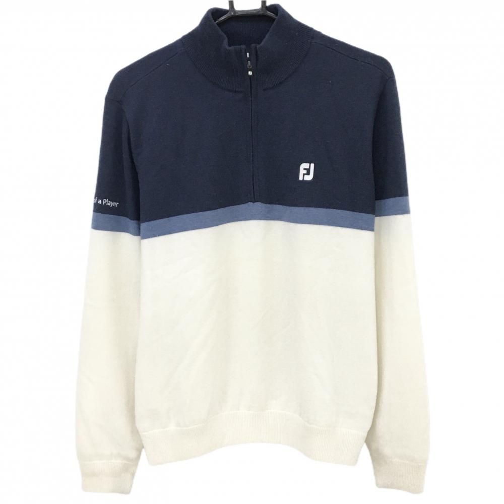 SALE価格フットジョイ ハイネックセーター ネイビー×白 ロゴ刺しゅう ハーフジップ ウール混 メンズ M ゴルフウェア FootJoy