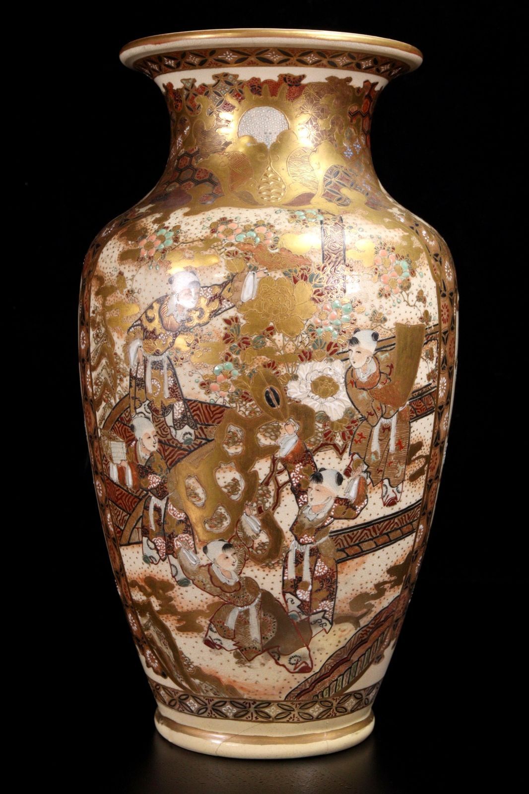 ▽ 薩摩焼 金彩唐子花籠文花瓶 35cm 壷 花入 花器 唐物 骨董 古美術 楾