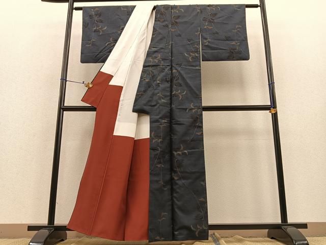 平和屋着物▽本場大島紬 単衣 7マルキ 雲取草葉文 正絹 逸品