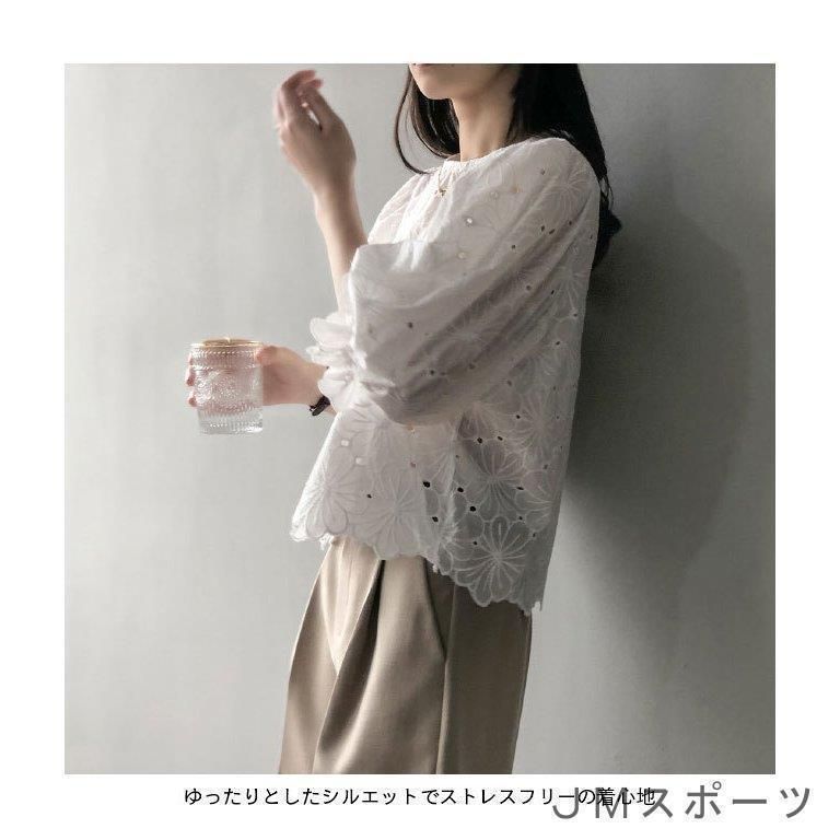 ブラウス 7分丈袖 森ガール レディース サマーブラウス ゆったり レトロ 花柄 刺繍 穴開き 綿混 7分丈袖ブラウス パフスリーブ ブラウス 7分丈袖 森ガール レディース サマーブラウス ゆったり