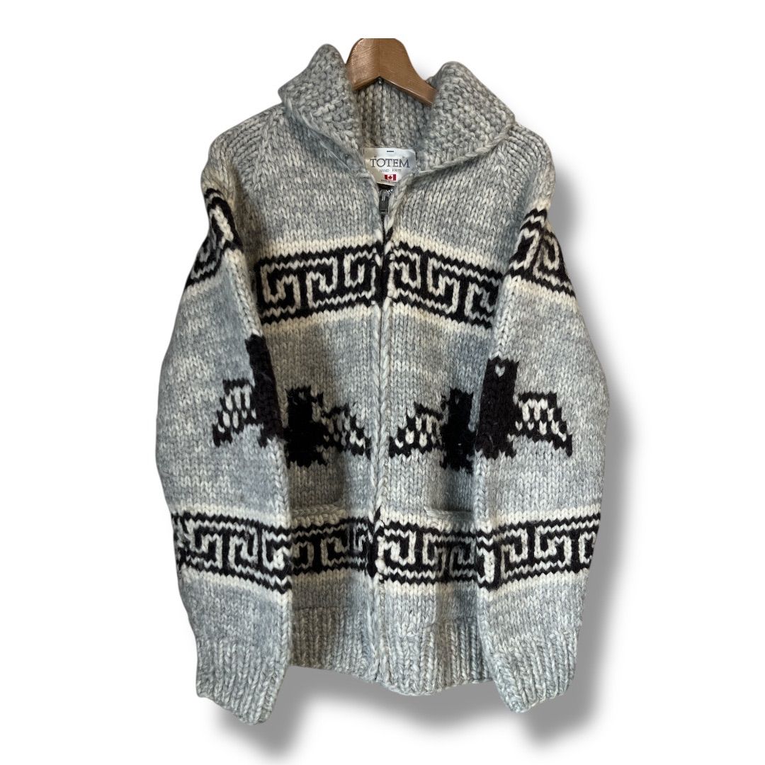 TOTEM トーテム カナダ製 サンダーバード柄 カウチンニットカーディガン 上着 ジップアップ アウター 総柄 長袖 古着 レトロ メンズ ライトグレー系 冬 久喜倉庫店 K732Y