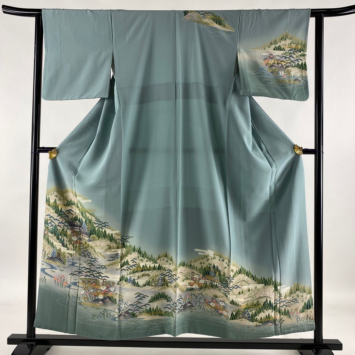 訪問着 美品 秀品 風景 建物 灰緑 袷 身丈154.5cm 裄丈62cm S 正絹