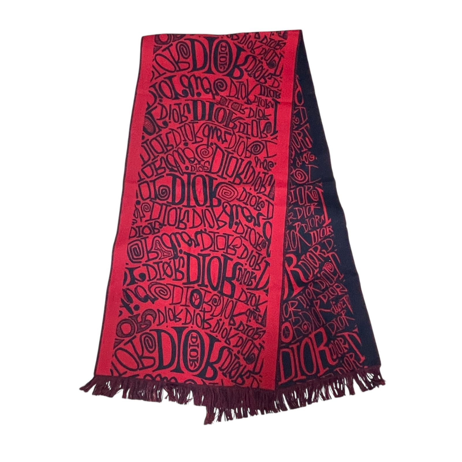 ◆ ◆Christian Dior ディオール×ショーンステューシー カプセルコレクション 大判ストール レッド×ネイビー系 Q89373NA