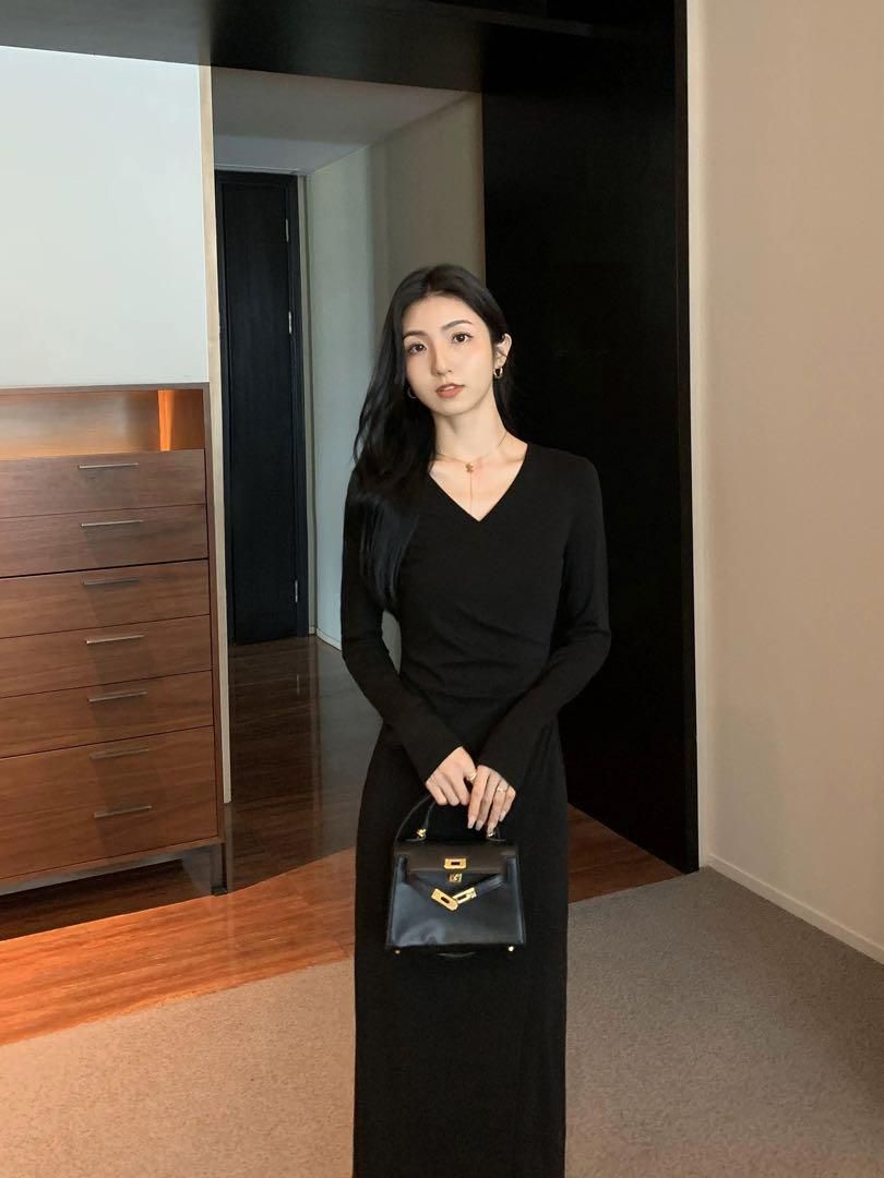 春コーデ Vネックタイトニットロングワンピース 着痩せ効果抜群 NEXPOTALLINN_EU