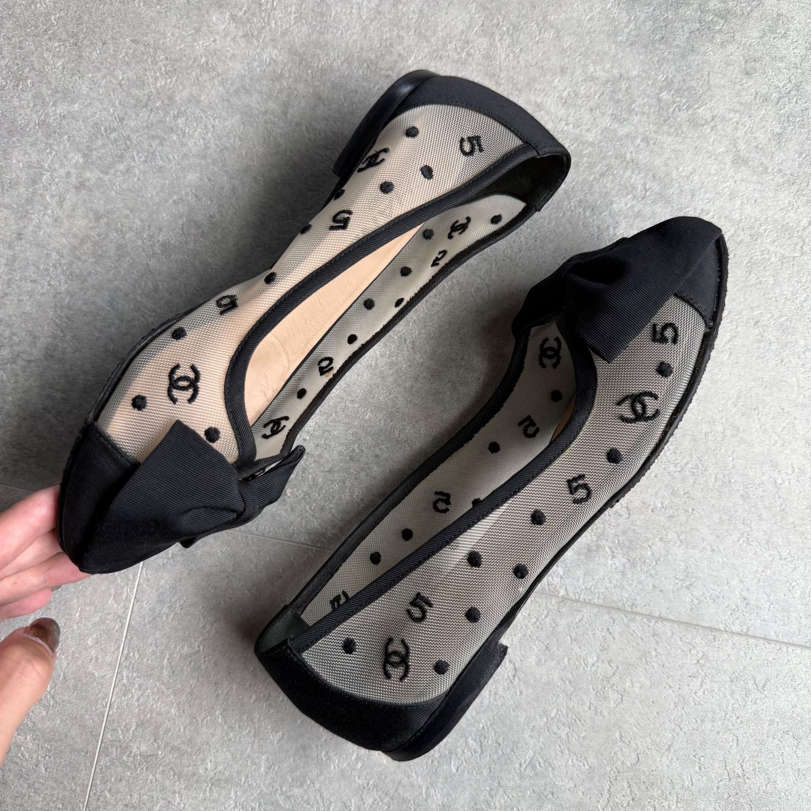 CHANEL シャネル ドットチュール リボン フラットシューズ ココ