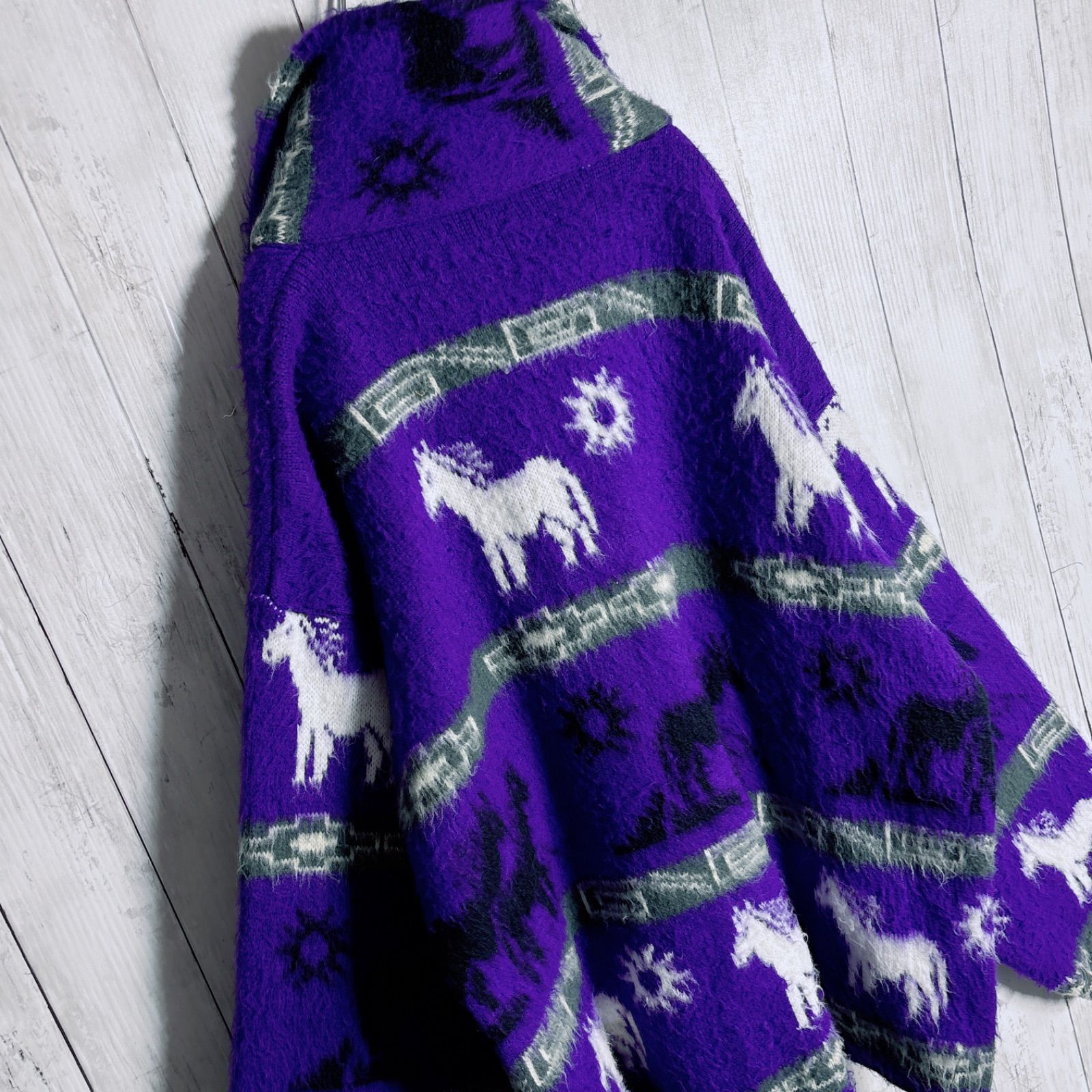 お宝古着 90s アニマル 動物 馬 総柄 ウール フルジップ セーター KANDAIZUMI_COM