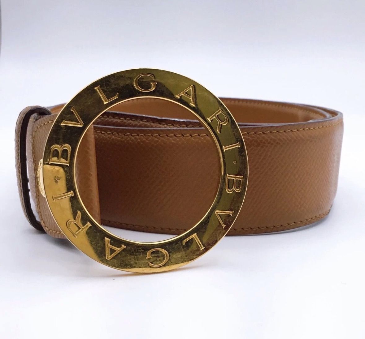 ブルガリ BVLGARI レザー ベルト サークル ブラウン ゴールド ロゴ Made in Italy
