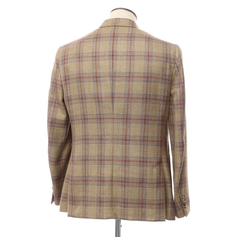 ISAIA ブラウン系チェック テーラードジャケット 56 イタリア製 中古】【未使用】イザイア ISAIA ウールシルクリネン チェック 2B