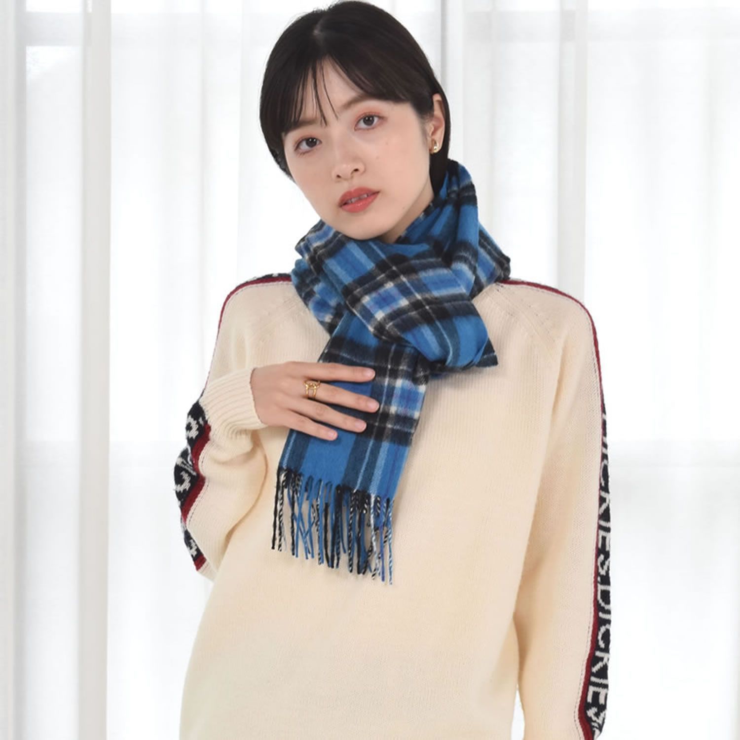 マフラー レディース カシミヤ100%マフラー　ブロックチェック　Black ＆ White