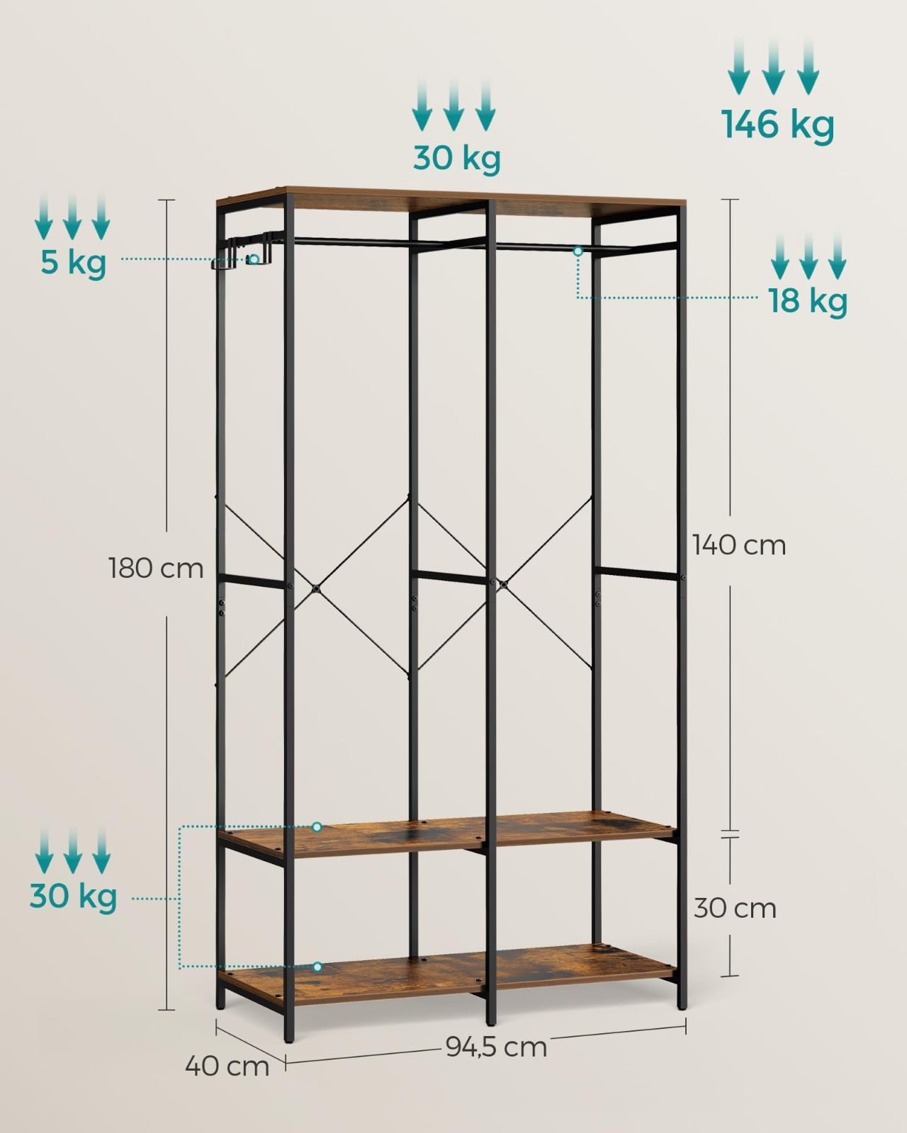 高品質 ハンガーラック ヴィンテージ風 棚付き 幅94.5×奥行40cm コート
