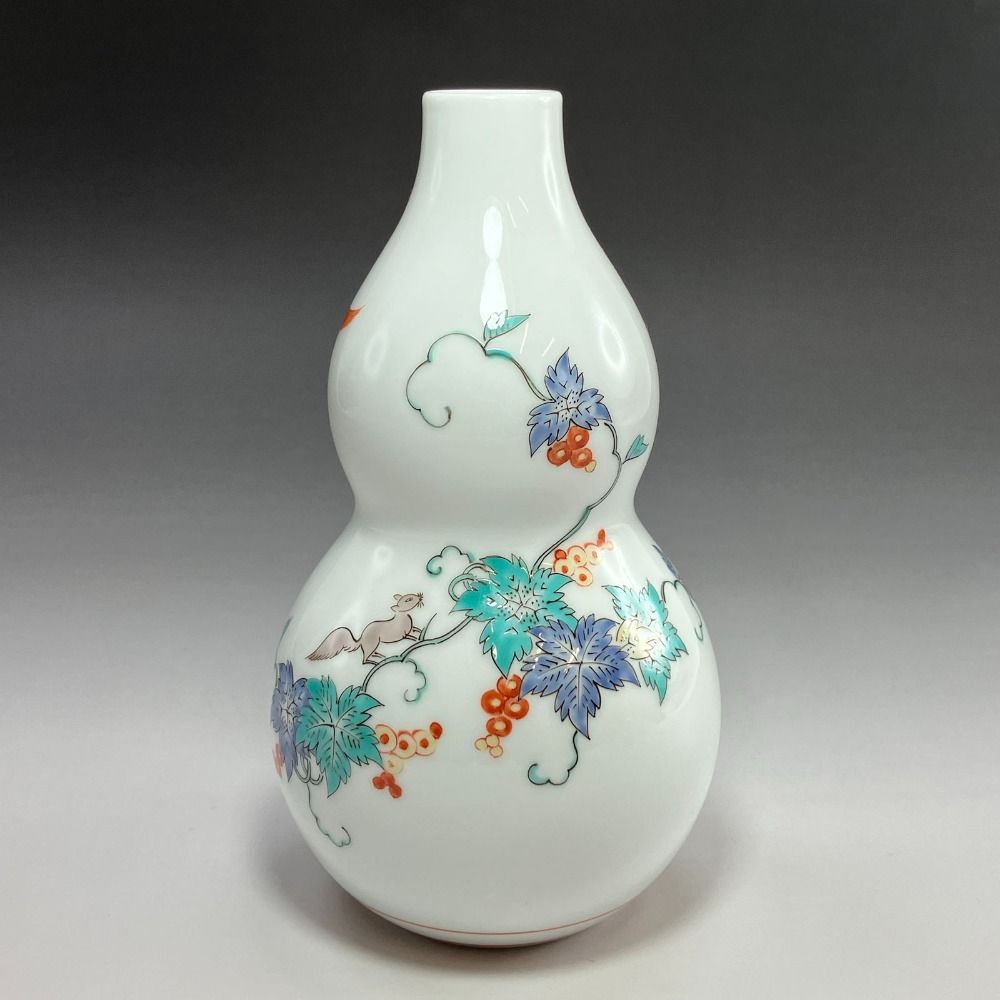 ARITA 有田焼 人間国宝 十四代 酒井田柿右衛門 作 錦 葡萄リス文一輪生 陶磁器 _ 花瓶