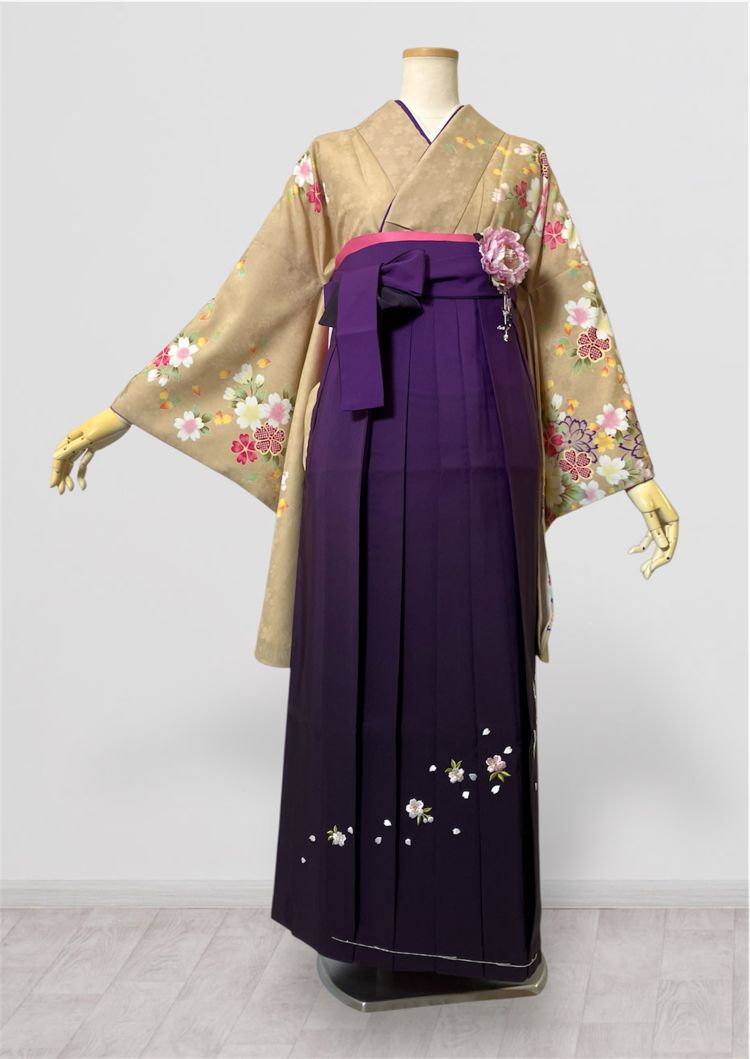 着物 袴 帯 3点セット 卒業式 女性 着物 ハカマ 帯 黄色 ベージュ 花 95-4