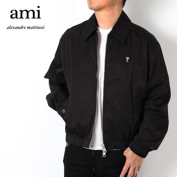 24SSモデル アミ アレクサンドル マテュッシ AMI Alexandre Mattiussi  メンズ ロゴプレート付き ナイロンジャケット【BLACK】 HJK014.PA0007  001 BLACK/【2024SS】m-outer