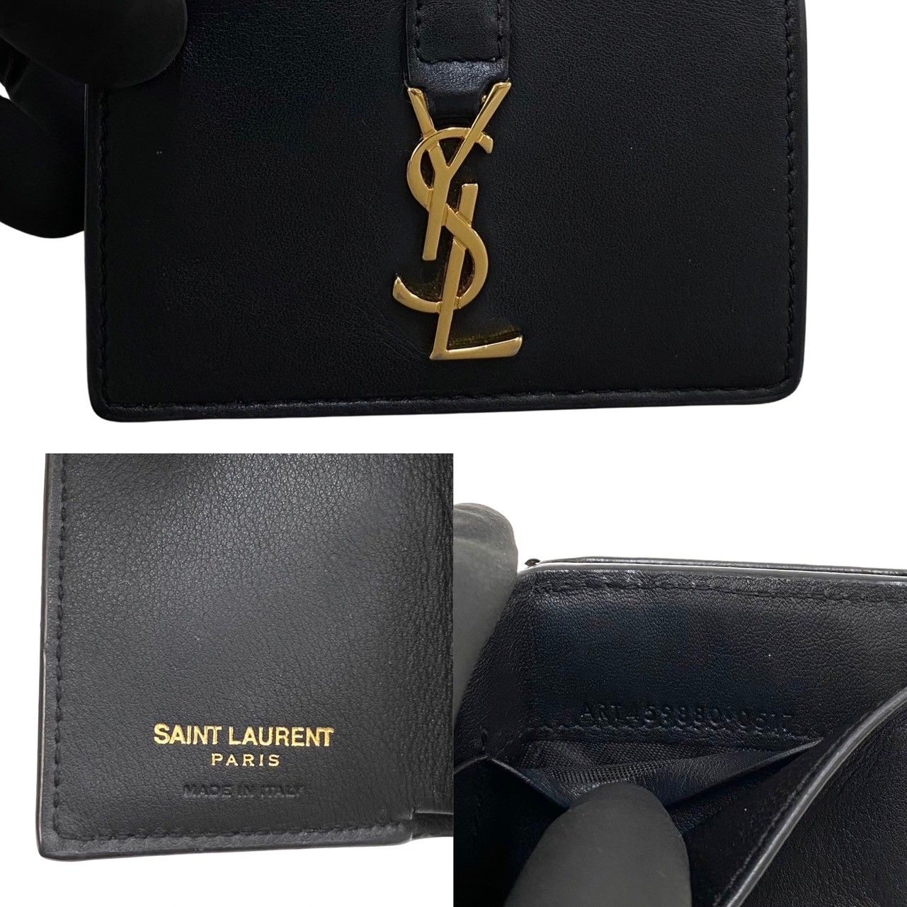 極 美品 箱 袋付 SAINT LAURENT PARIS サンローランパリ YSL ロゴ レザー 本革 三つ折り 財布 ミニ ウォレット ブラック  黒 78370