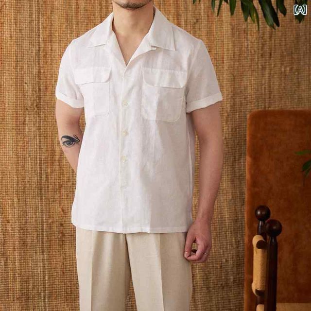 2XL メンズ ファッション 服 男性用 オシャレ シンプル 大人 かっこいい 大きいサイズ ストリート 紳士服 夏 キューバン カラー コットンリネン 半袖 シャツ ハワイ ヘビー ファッション シャツ