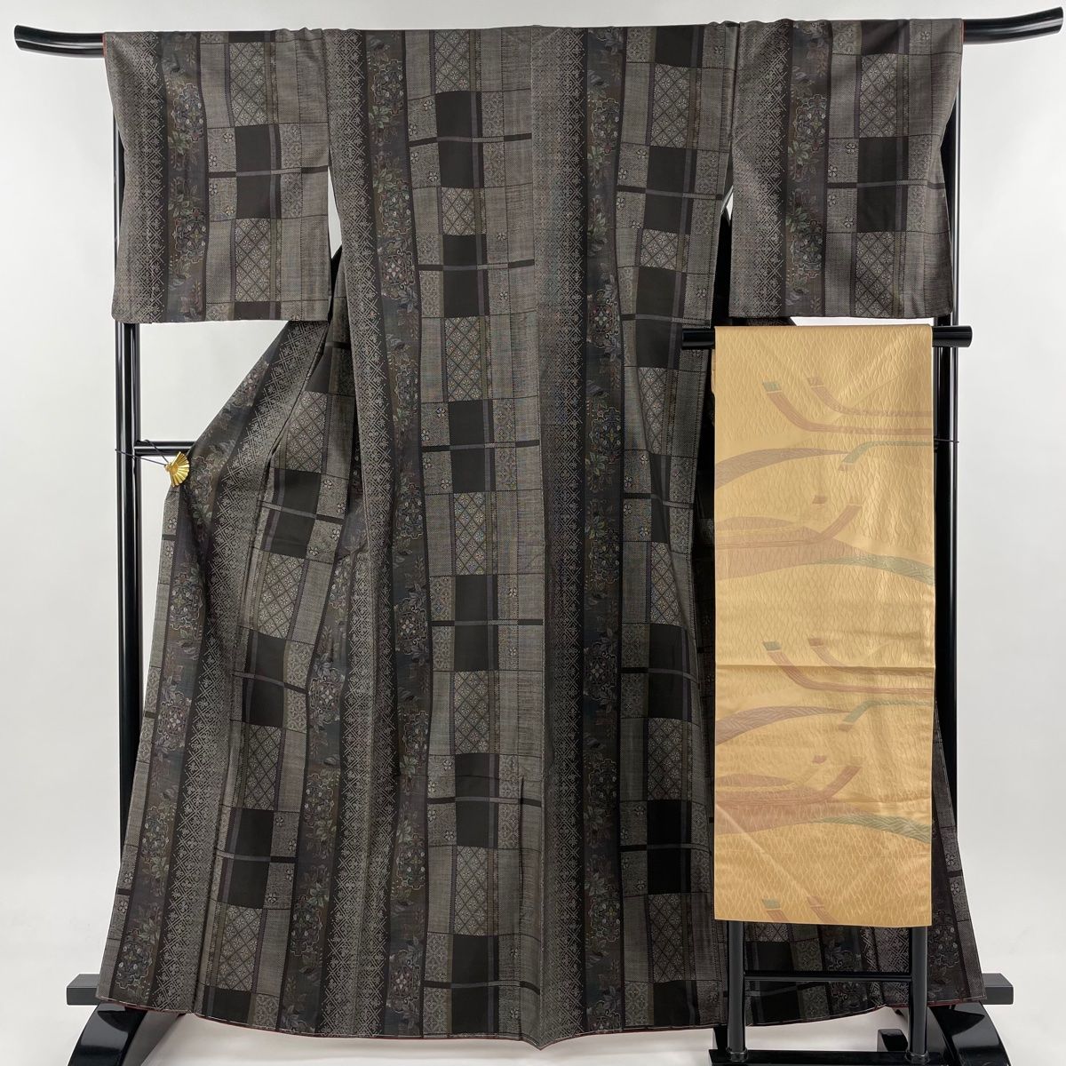 紬 身丈163.5cm 裄丈67.5cm L 袷 名古屋帯セット やまと 草花 菱 焦  