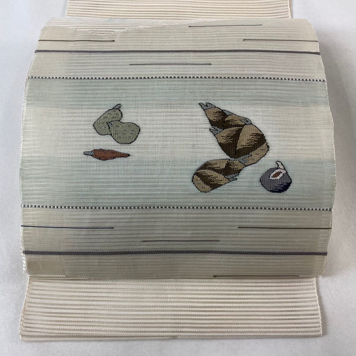 名古屋帯 秀品 八寸名古屋帯 夏帯 絽 筍 野菜 ベージュ 正絹