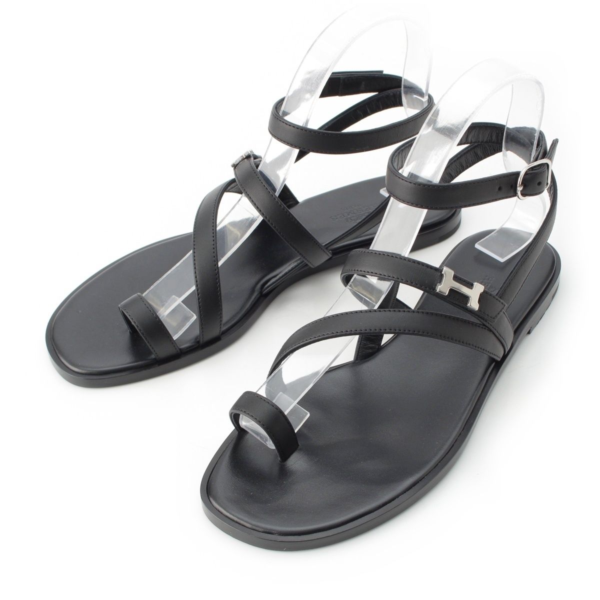 エルメス アルモニ レザー H金具 ストラップ サンダル シューズ ブラック 37