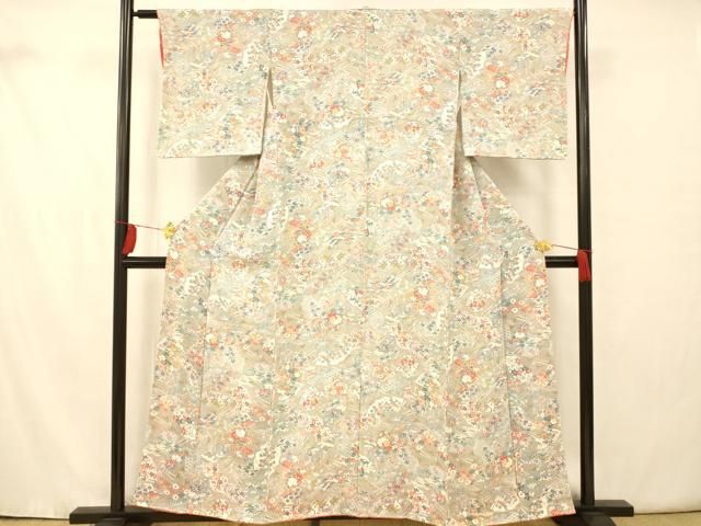 平和屋着物□上質な小紋 扇子草花文 鬼しぼ縮緬 正絹 逸品 未