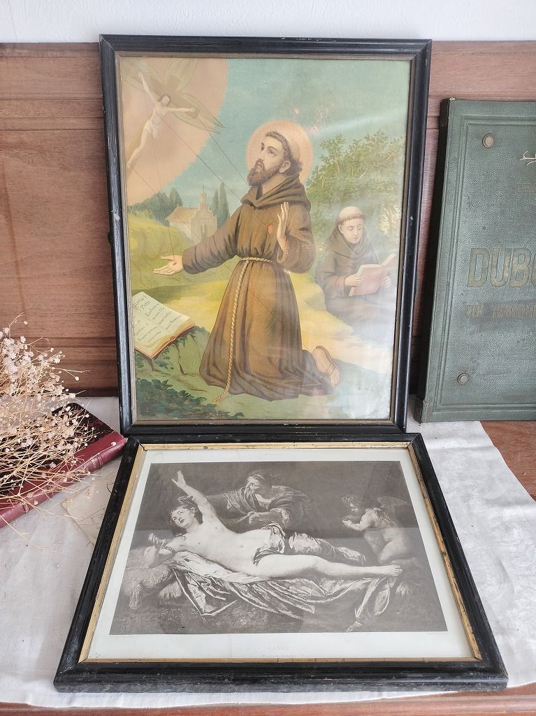 フランス アンティーク 素敵 1900年 黒い 木製 フレーム 額 壁掛 ガラス付き 2点セット