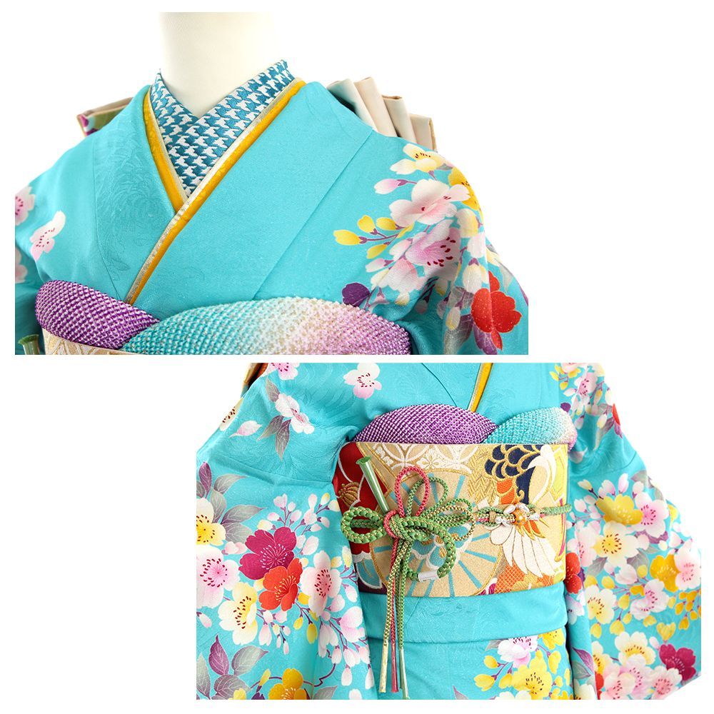 【美品】振袖フルセット 振袖フルセット 振袖セット 振袖 L～LLサイズ 緑×レトロ 美品