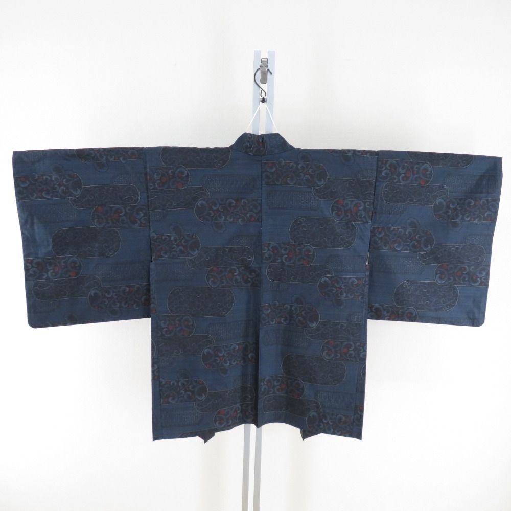 紬 着物 大島紬 アンサンブル 羽織付 ヱ霞華文 袷 広衿 紺黒色 正絹