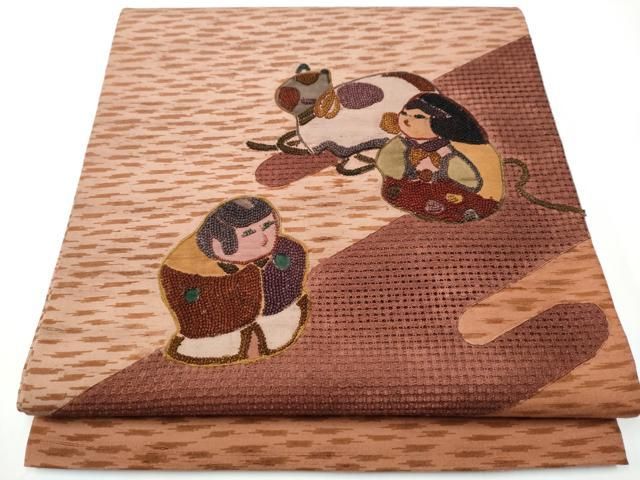 豪華 相良刺繍 スワトウ刺繍 節紬 正絹 美品お太鼓柄 袋帯 F-17 平和屋着物○中国三大刺繍 スワトウ相良刺繍 総刺繍 太鼓柄袋帯 紬地