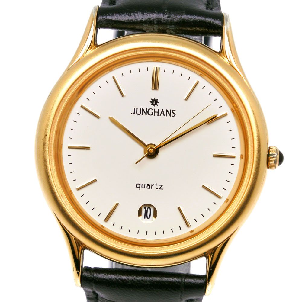 JUNGHANS ユンハンス ヴィンテージ JY-505M 金メッキ×型押しレザー クオーツ アナログ表示 メンズ ゴールド文字盤 腕時計