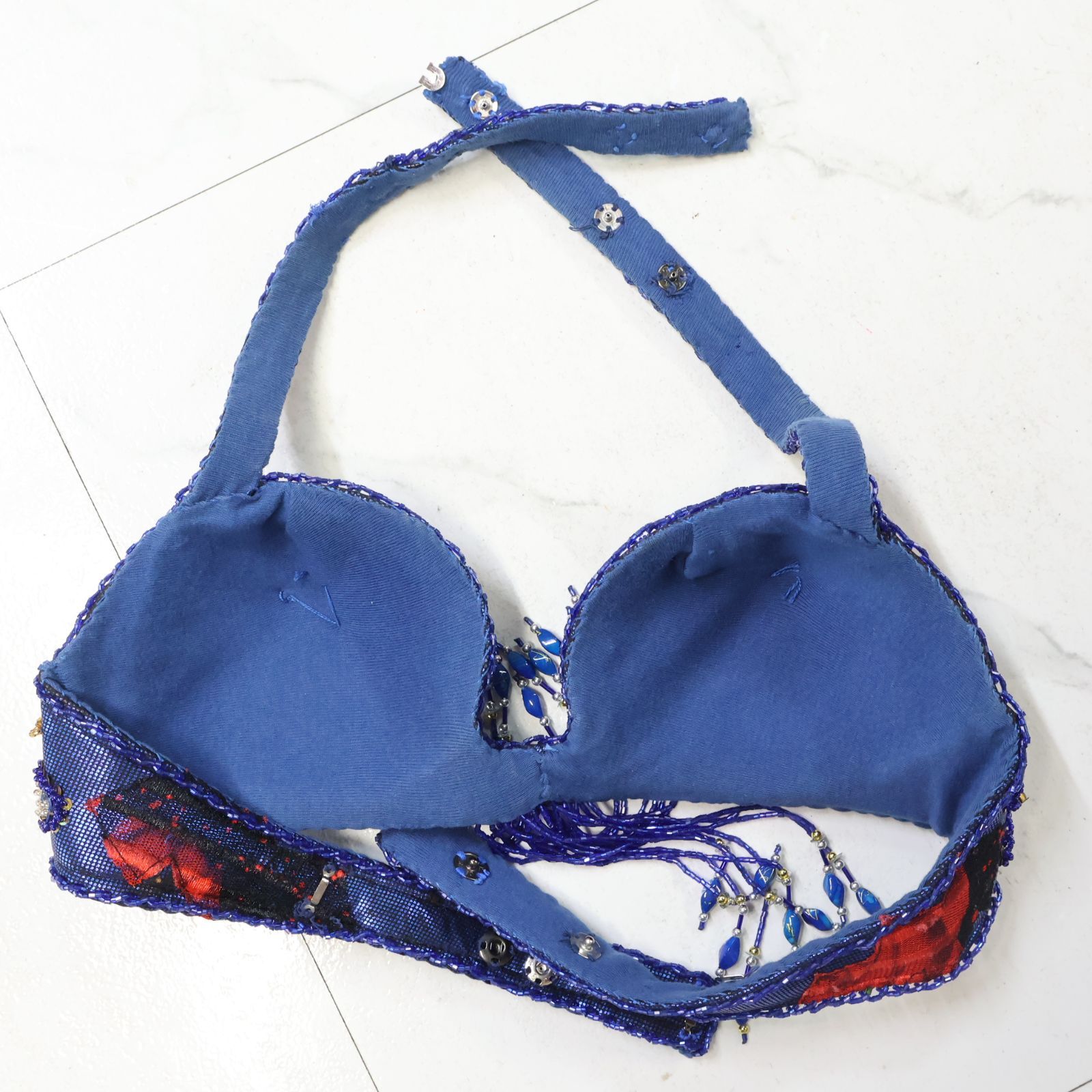 【ベリーダンス用オリエンタル衣装】ブルー×シルバー QIAOSHI スパンコール ベリーダンス用 オリエンタル衣装】ブルー スパンコールラメ