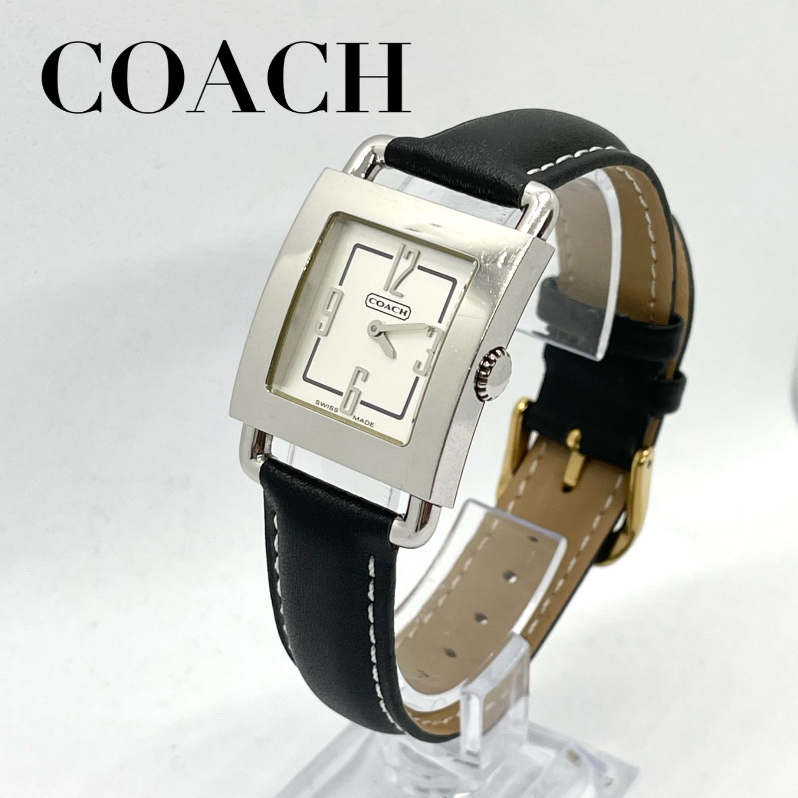 COACH コーチ アナログ腕時計 レディース スクエア 四角 シルバー レザーベルト スイス製 ステンレススティール 文字盤白 稼動品 カジュアル  シンプル 新品ベルト交換済み レザー 0221 ブラック 黒 - メルカリ